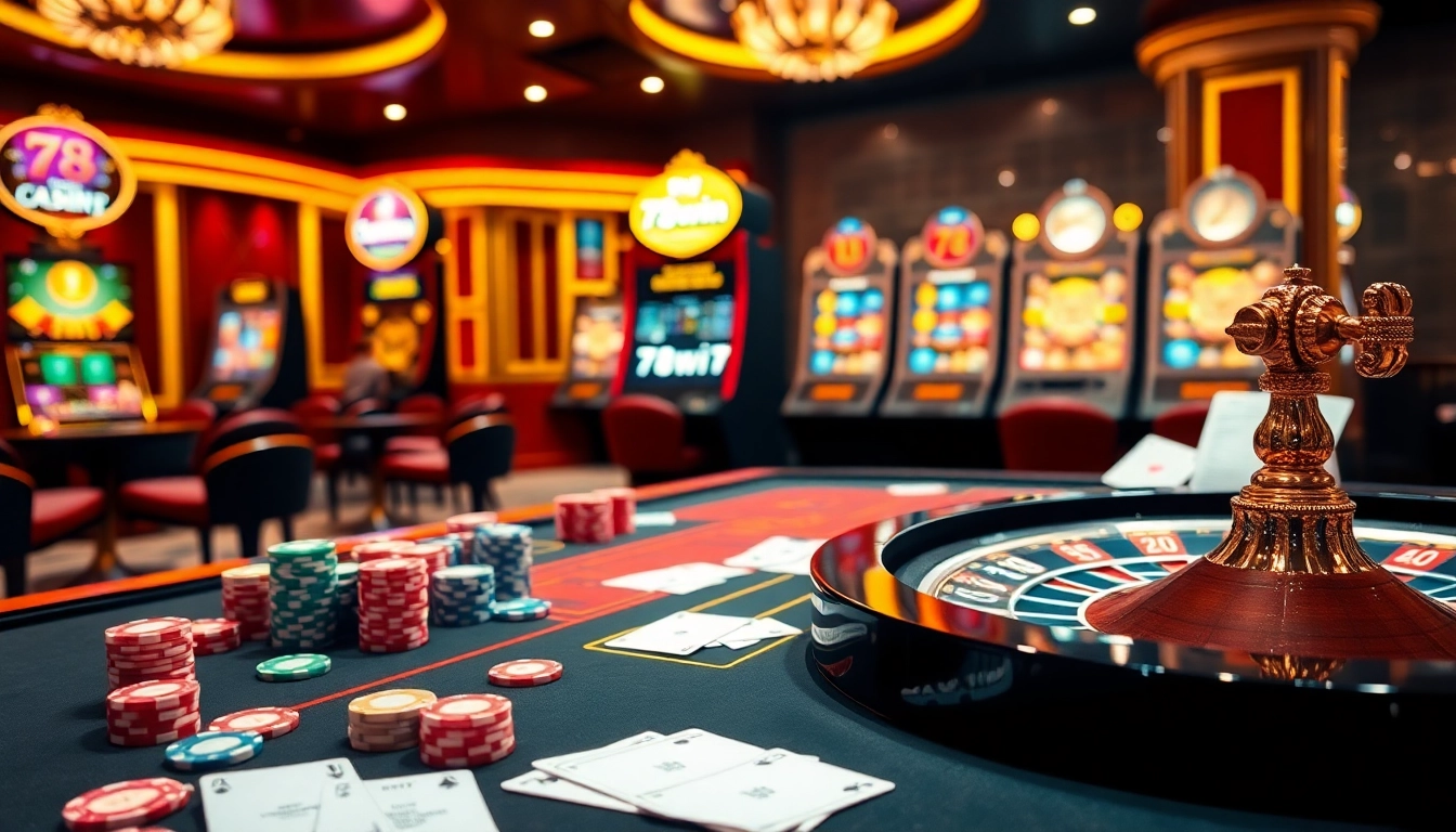 Players engaging with the vibrant casino atmosphere at 78win, featuring colorful poker chips and roulette wheel.