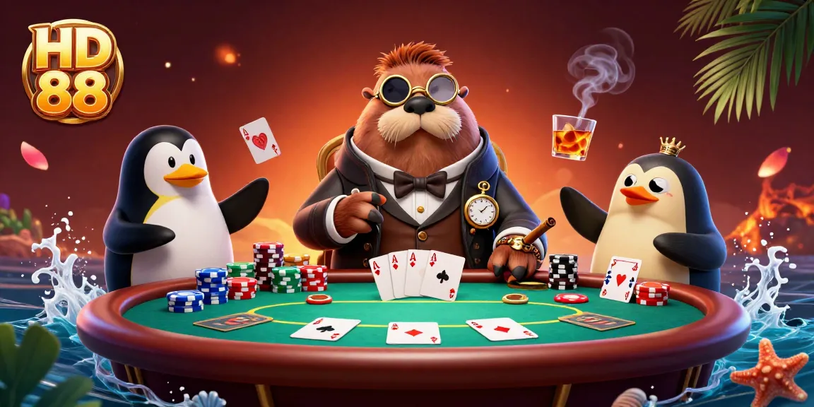 Experience exciting poker action with HD 88 as unique characters play at a vibrant casino table.