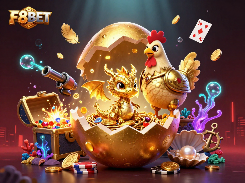 Experience the thrill of F8BET with a golden dragon and poker chips in a vibrant casino scene.