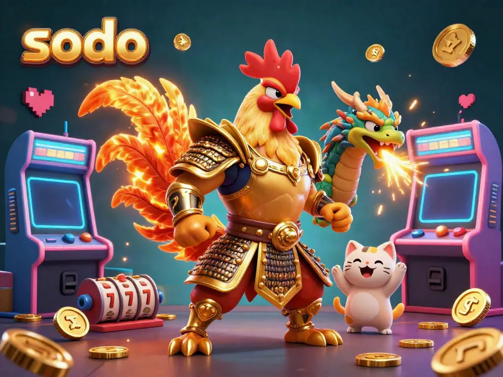 Engage with the dynamic world of sodo gaming featuring a golden rooster warrior and a dragon hatchling amidst vibrant gaming elements.