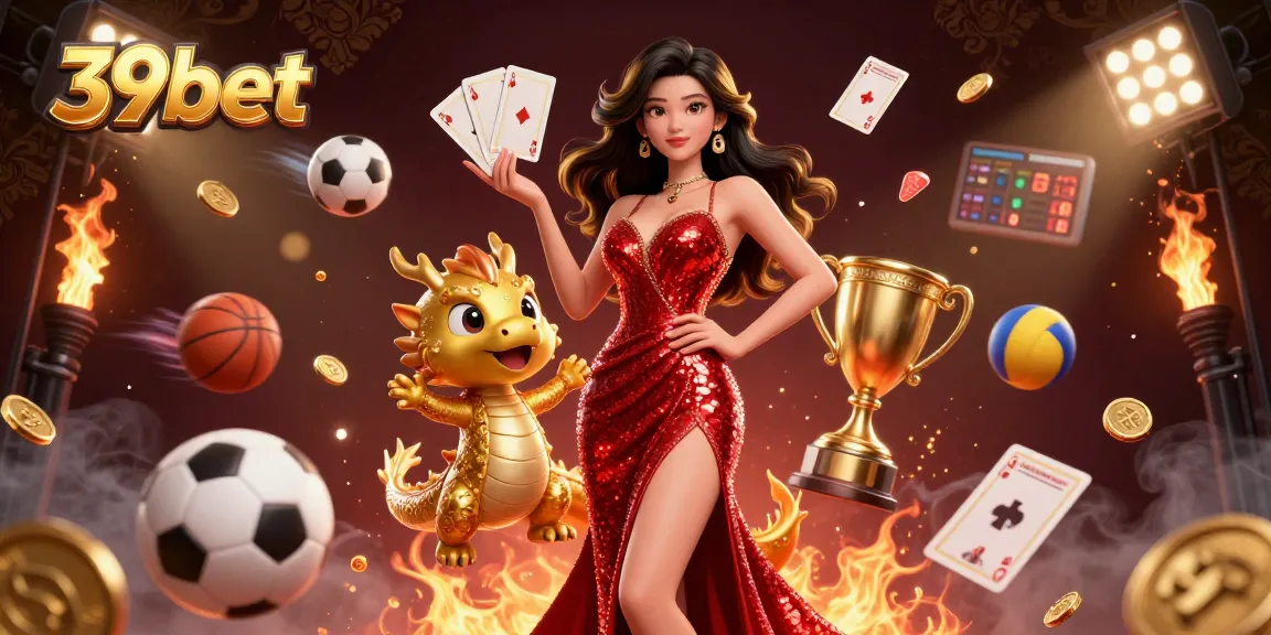 Bet on exciting games with 39bet featuring a glamorous character, golden dragon, and dynamic sports elements.