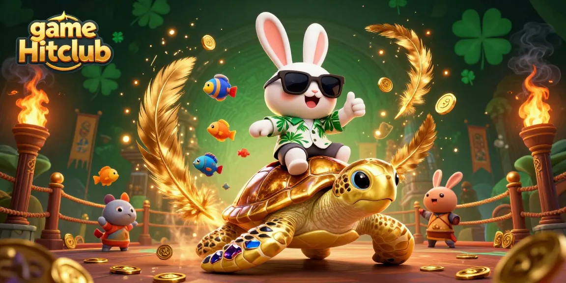 Engage with game Hitclub as a lucky rabbit rides a golden sea turtle in this vibrant casino illustration.