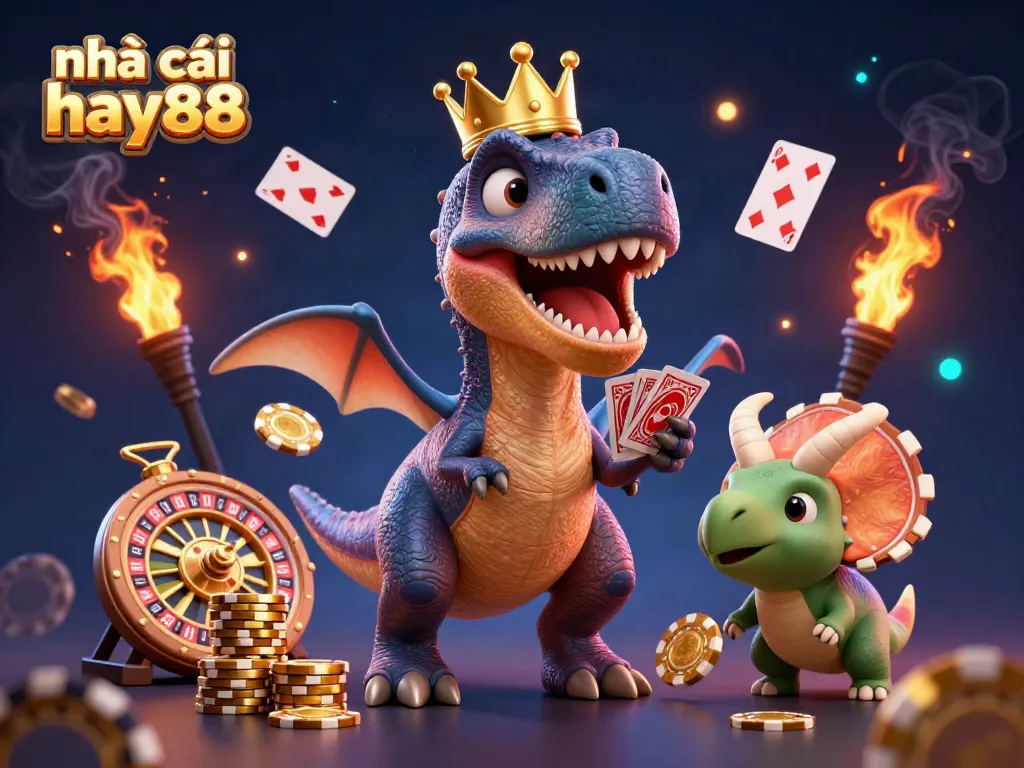 Engage with nhà cái hay88 showcasing a charming T-Rex dealing cards amid dynamic casino game elements.
