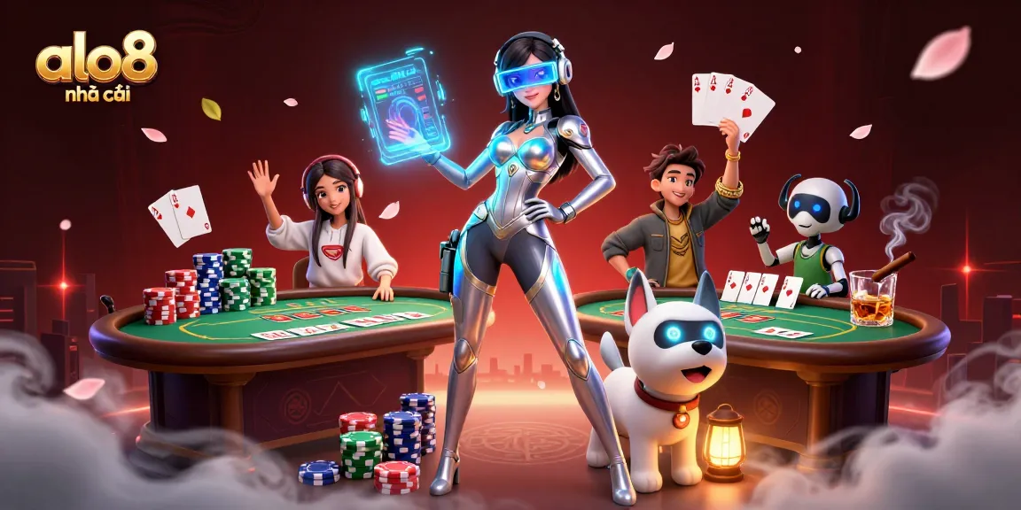 Experience vibrant action at alo8 nhà cái with a dynamic scene of gambling excitement, featuring poker chips and holographic interfaces.