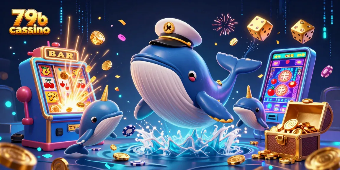 Visualize a cena vibrante no 79b cassino, com uma baleia elegante em um mar de moedas, interagindo com seres marinhos e elementos de cassino.