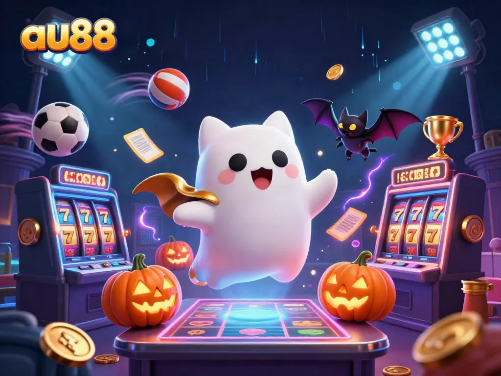 Experience thrilling gambling action with au88's ghost cat and vampire bat at a haunted casino.