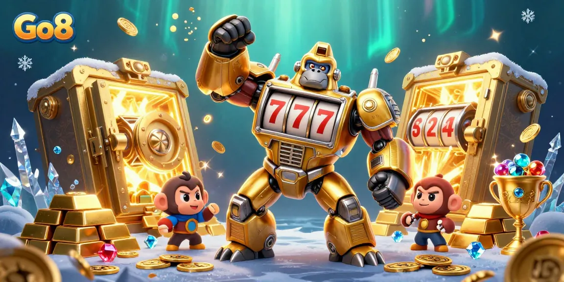 Engage with Go8's immersive 3D casino scene showcasing thrilling cartoon slot mechs and treasures.