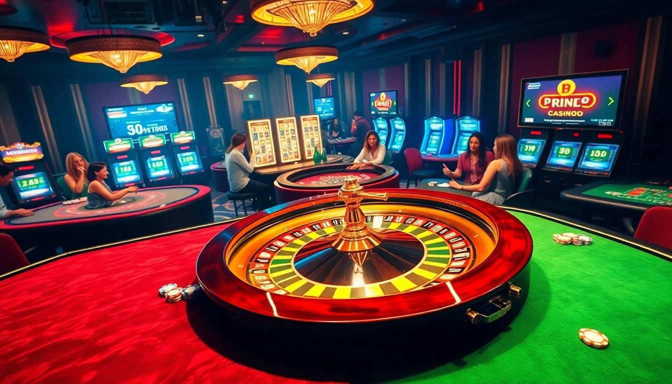 Experience excitement at a cassino com retirada via Pix, showcasing vibrant games, roulette, and engaged players.