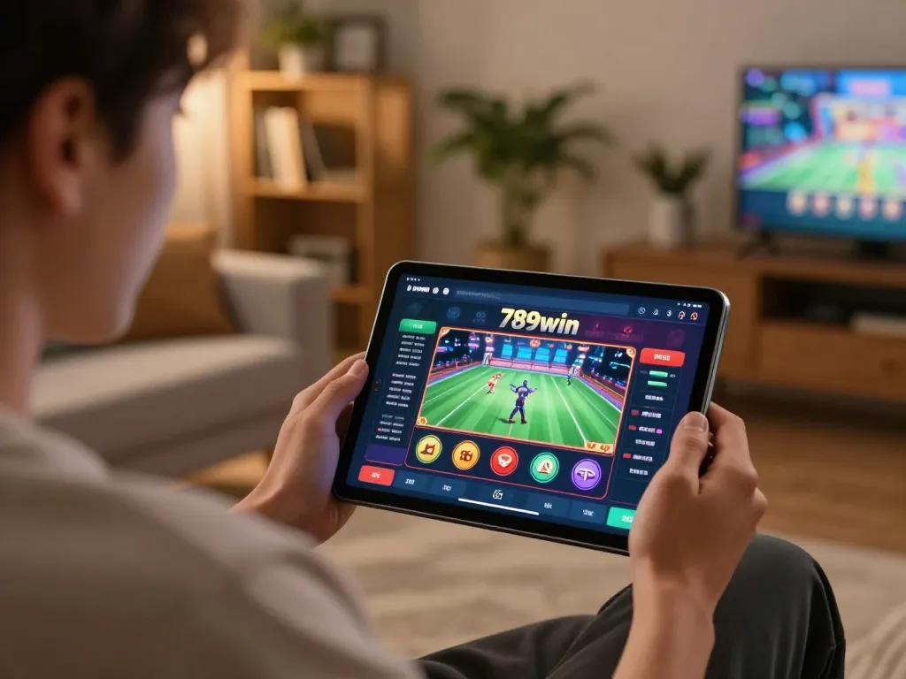 Engaging gameplay experience with 789win app on tablet in a cozy living room setup.