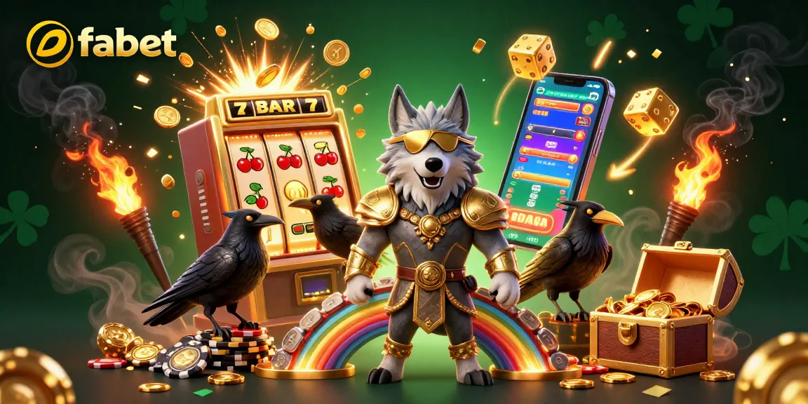 Experience the vibrant world of fabet with a dynamic casino-themed digital illustration, showcasing slot machines, coins, and mythical characters.