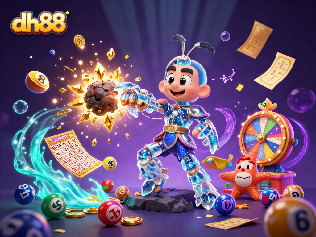 Engage with dh88's vibrant 3D illustration of a galactic samurai mantis shrimp amidst a whirlwind of colorful lottery elements.
