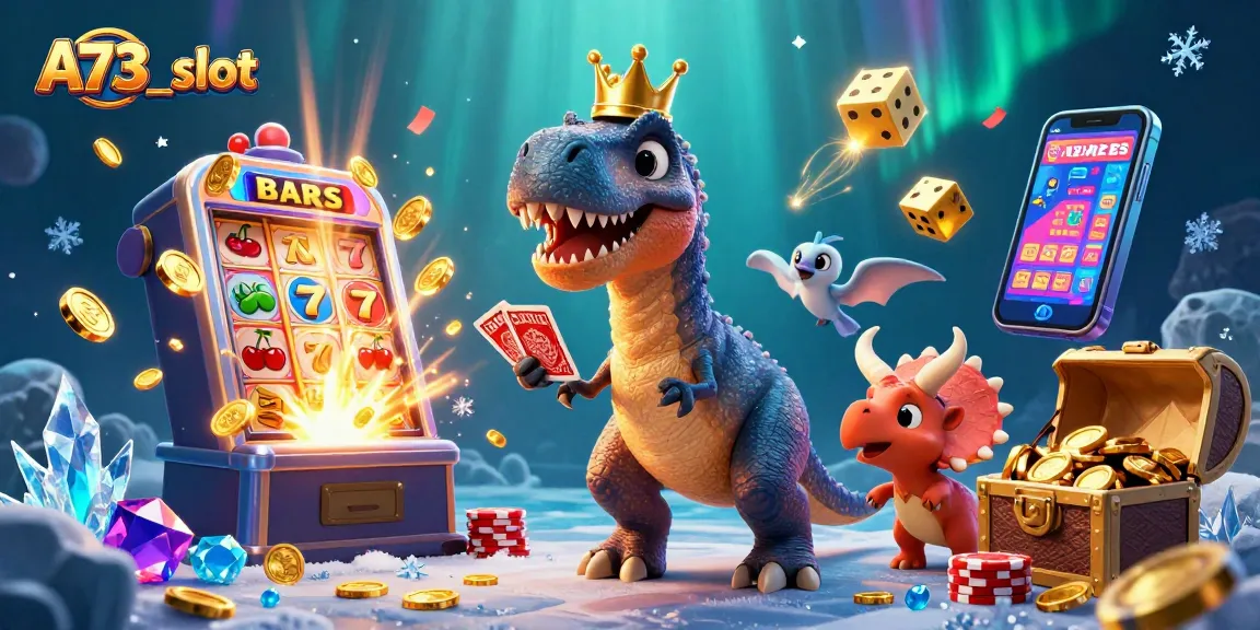 O A73_slot apresenta um divertido cassino online com personagens em ação, incluindo um T-Rex e um pterodáctilo.