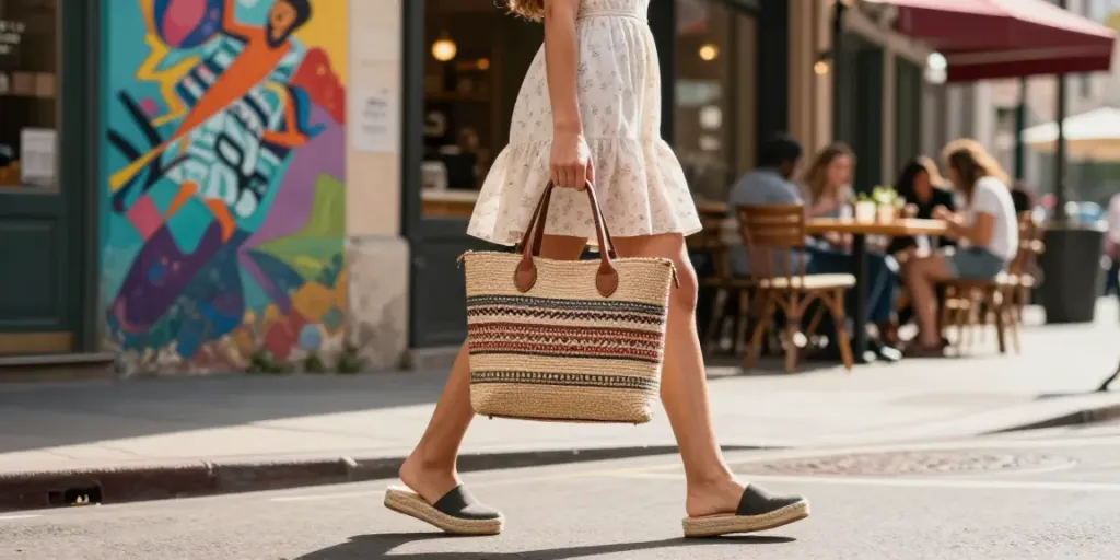 A fashionable woman with a sac en raphia walking in a vibrant city, embracing urban elegance and artisanal style.