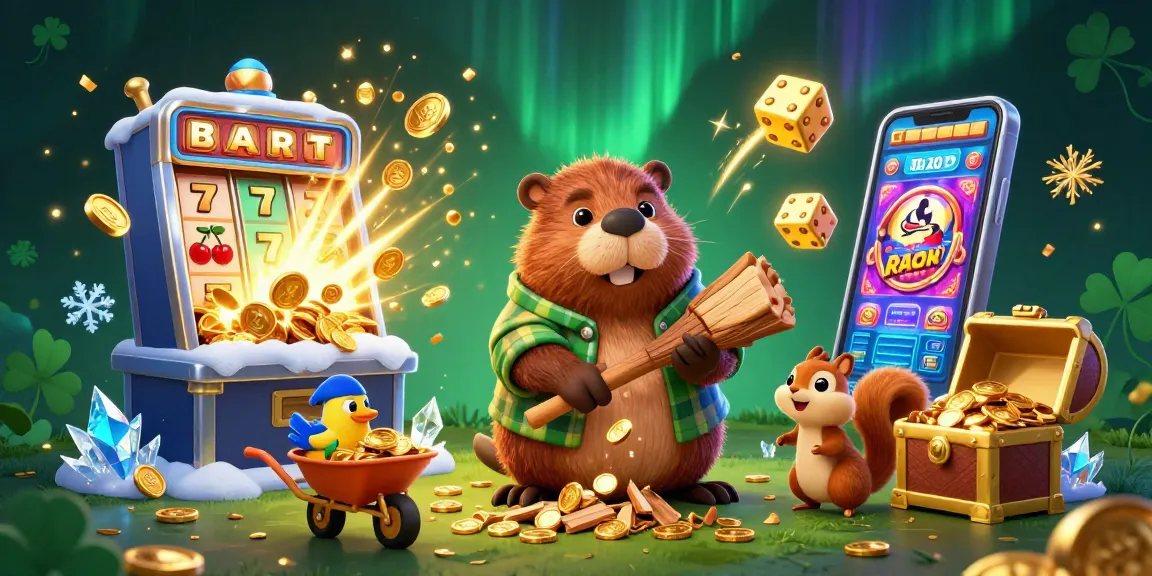 DABET offers a vibrant casino experience with a 3D beaver earning golden coins amidst thrilling gaming elements.