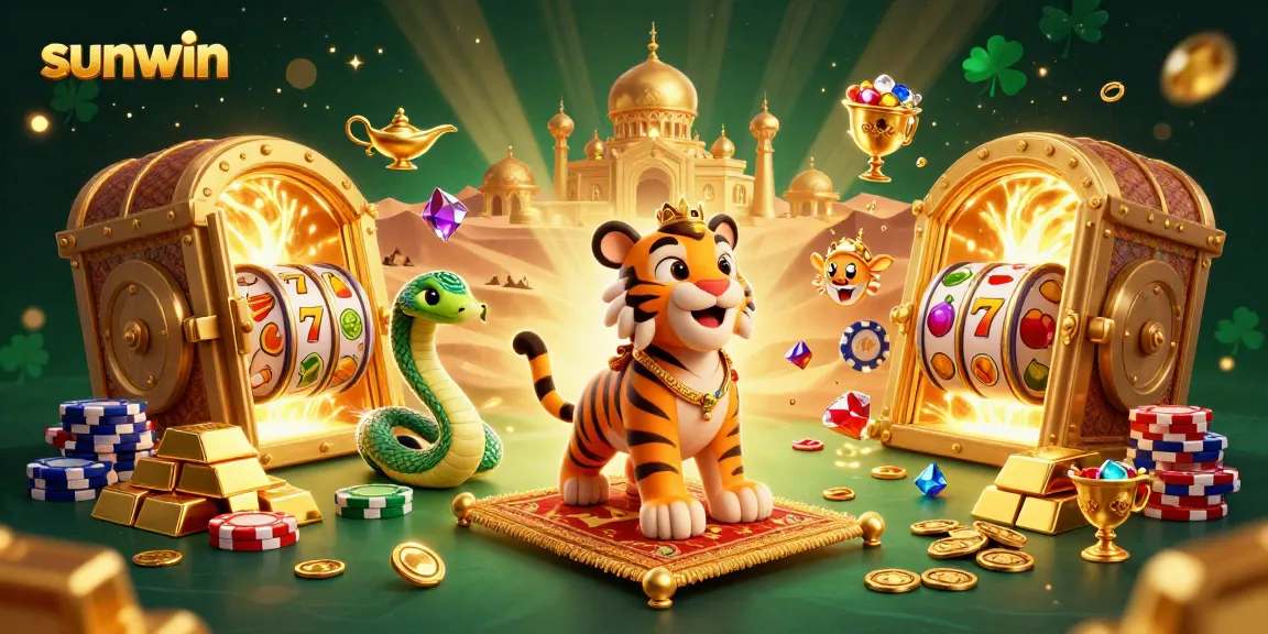 Experience the excitement of sunwin with a vibrant 3D casino scene featuring a tiger sultan and magical treasures.