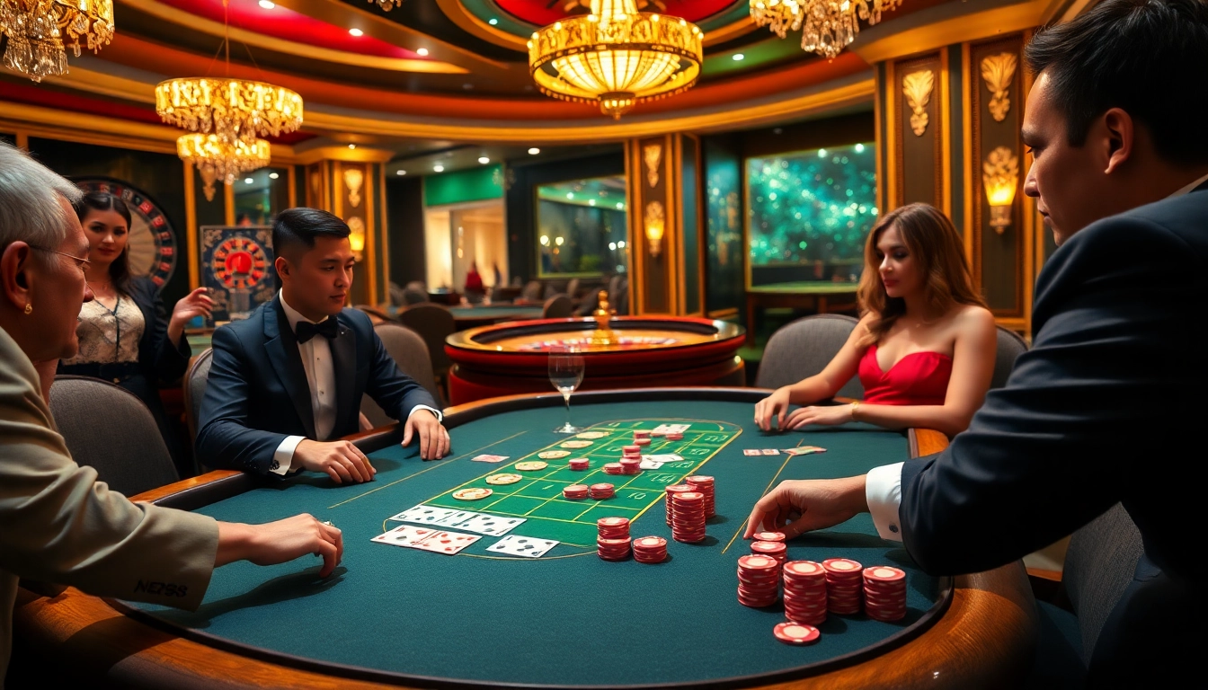 Experience a thrilling poker game at NEW88's luxurious casino with vibrant chips and elegant players.