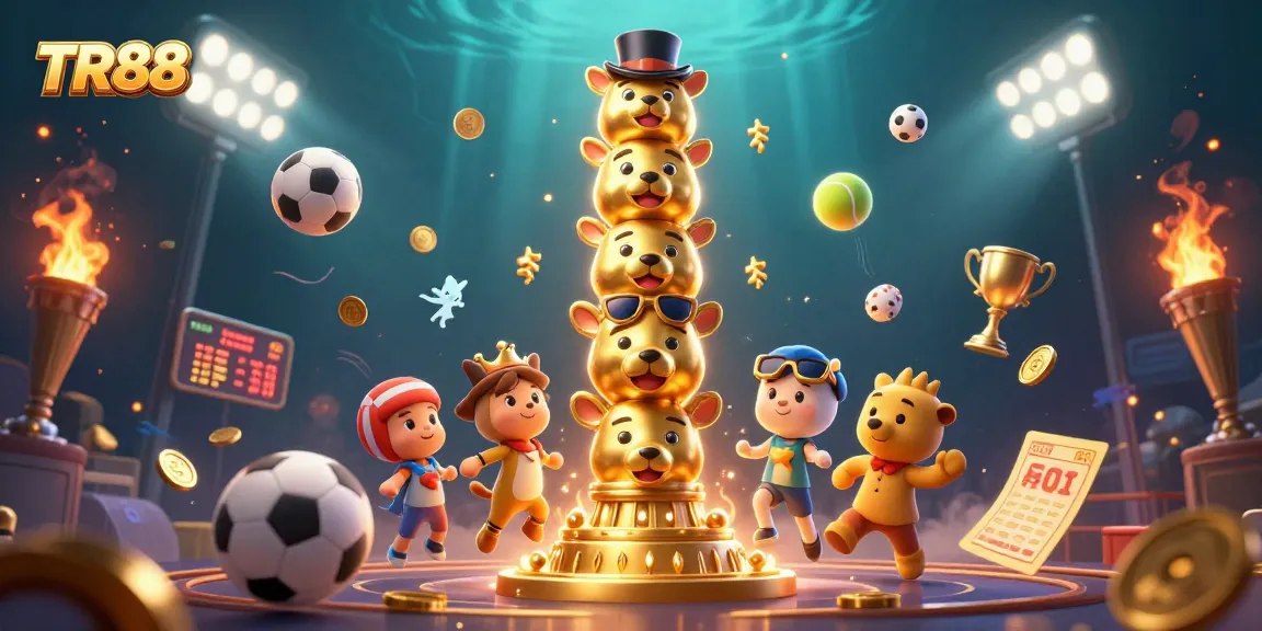 Experience thrilling action with TR88 as cartoon totem characters and sports elements create an engaging casino scene.