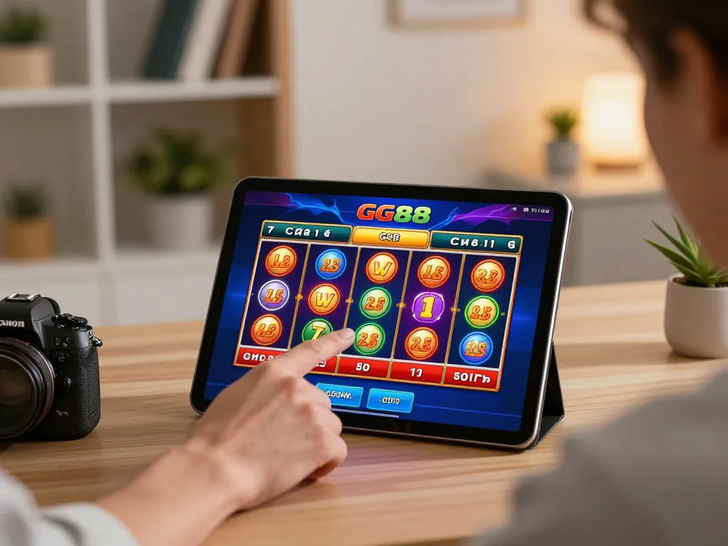 Player engaging in GG88 slot games on tablet, showcasing strategic online gaming environment