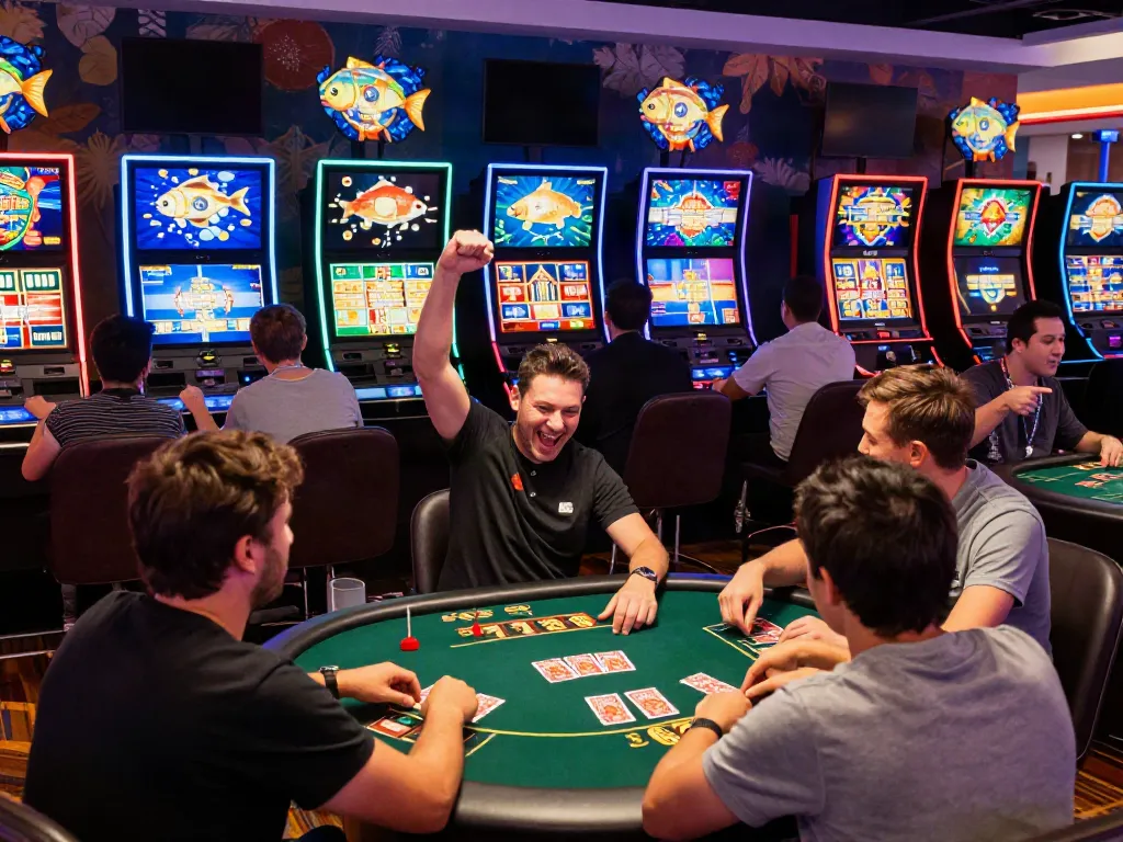 Players celebrate their wins while engaging with nbet's vibrant online casino games in an exciting, colorful atmosphere.