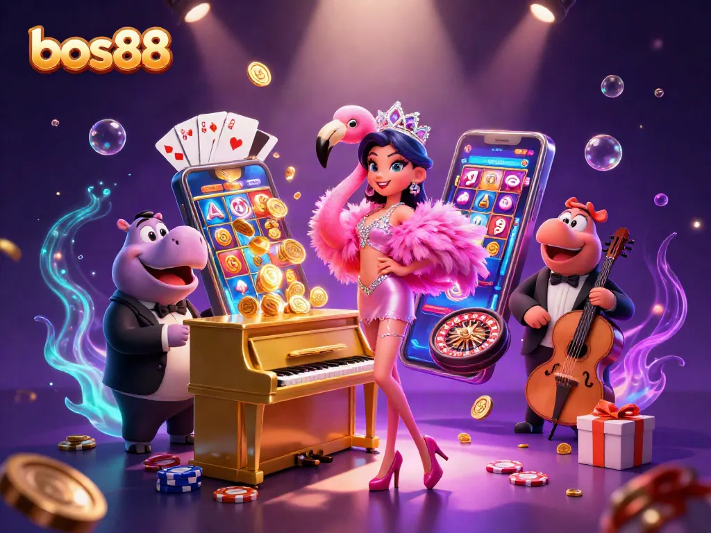 Experience the thrill of bos88 with a vibrant illustration of a casino scene featuring a flamingo singer and hippo bassist.