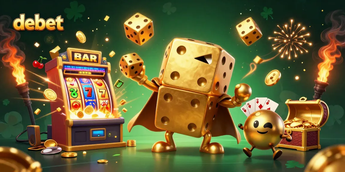 Engage in thrilling casino action with debet, featuring a golden dice golem, vibrant jackpots, and rich casino elements.