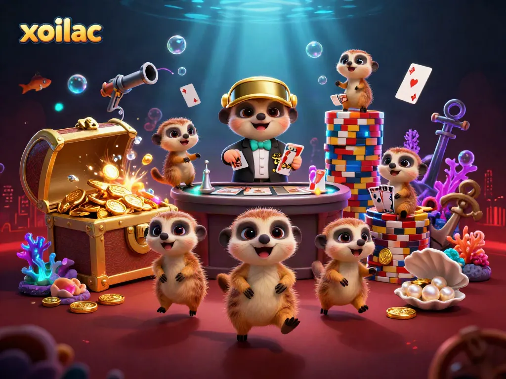 Experience the excitement of xoilac with meerkats operating a vibrant casino scene rich in color and energy.