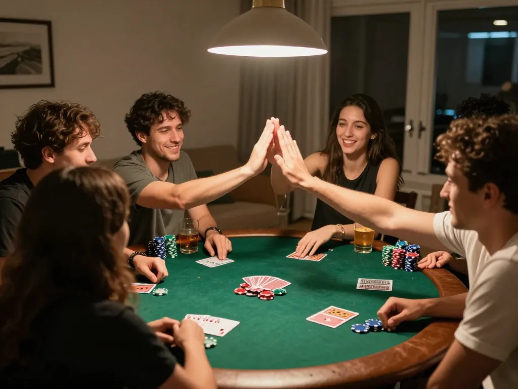 Friends enjoying an engaging poker night at home, showcasing a lively atmosphere with x333 gaming moments