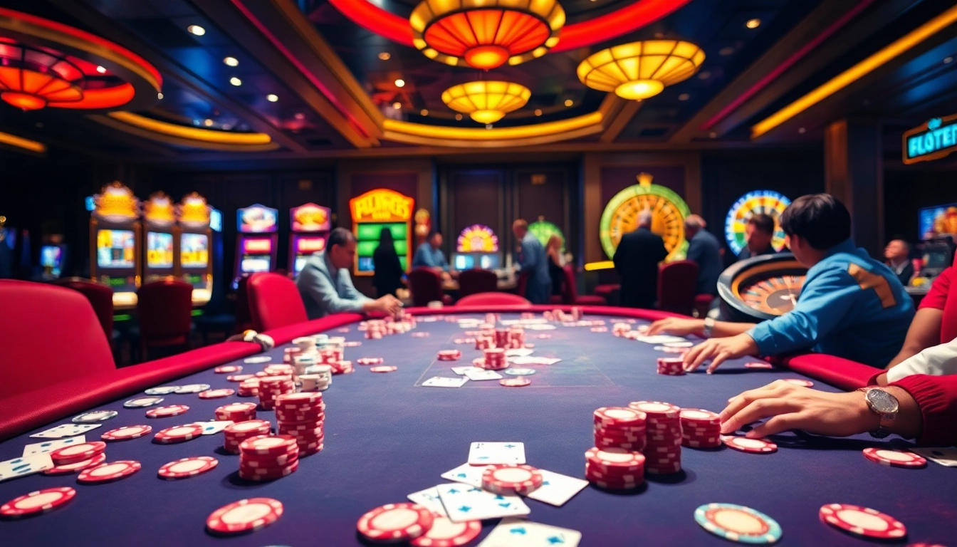 Experience an exciting poker game at a luxurious casino featuring the go8 theme with vibrant chips and cards.
