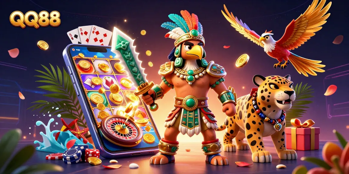 Engage with QQ88's vibrant casino atmosphere featuring dynamic gaming elements and cartoon warriors.