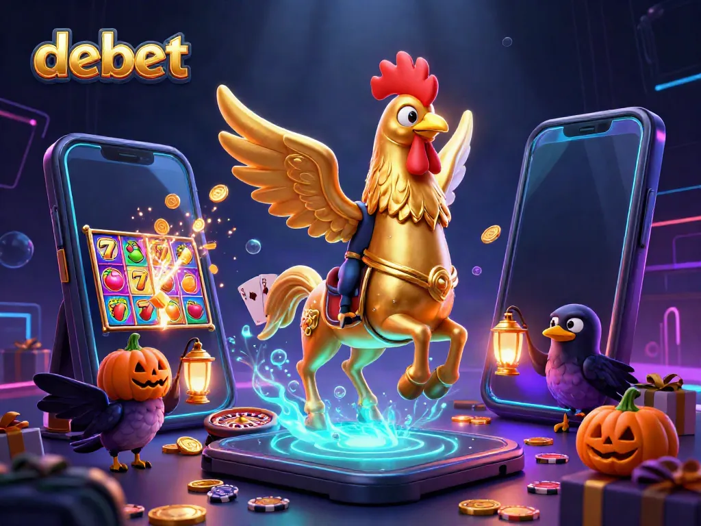 Experience the thrill of debet as a golden rooster character navigates through a vibrant casino scene filled with game elements.