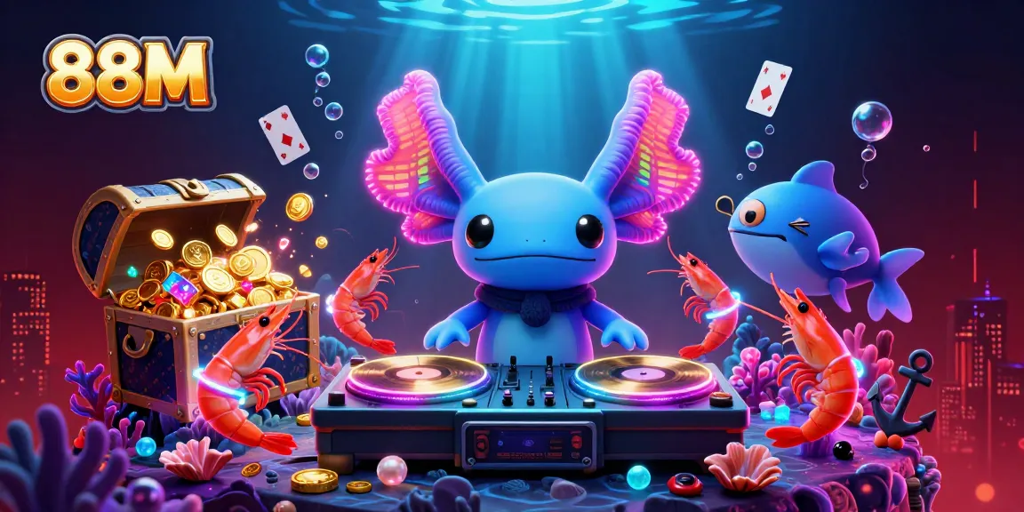 88M's vibrant underwater casino scene captures a dynamic axolotl DJ and dancing shrimps celebrating with winnings.