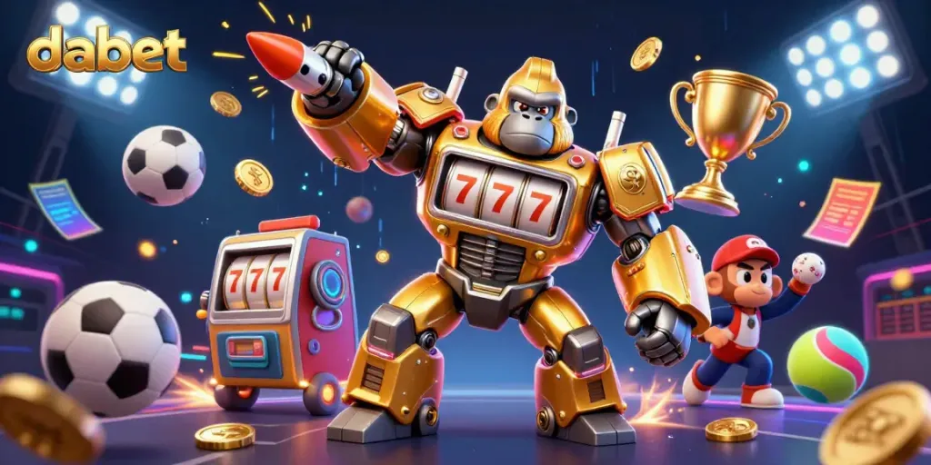 Experience high-energy gaming with Dabet, featuring a dynamic 3D gorilla mech and sports elements.