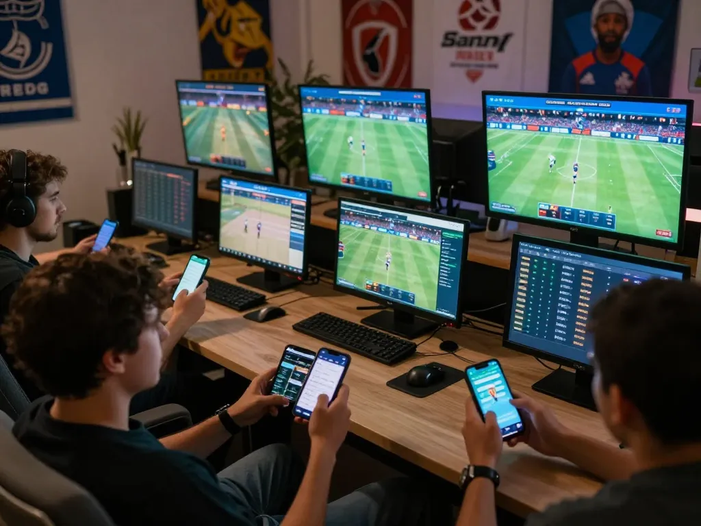 Engaged users betting on NK88 top sports events through mobile devices in a vibrant home setting.