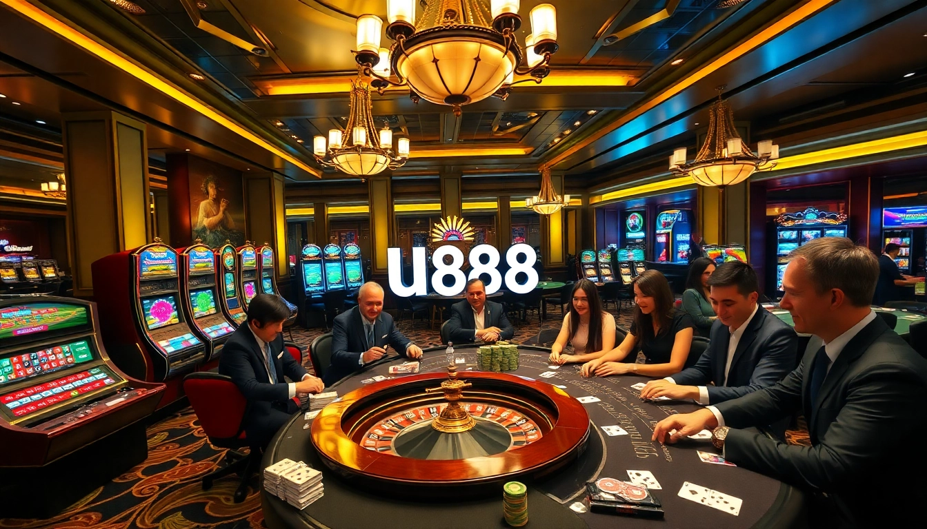 U888 players engaging in thrilling casino games at a luxurious gaming table.