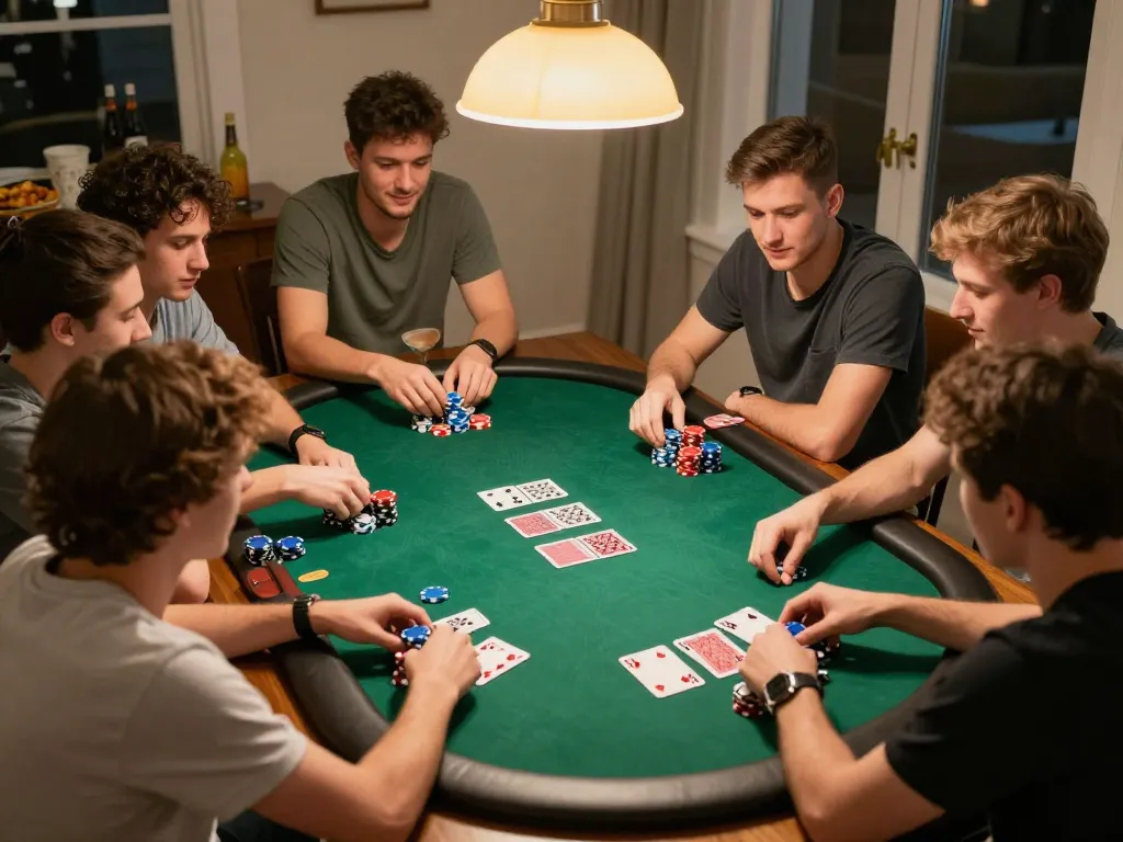 Players enjoy an engaging poker game at home while strategizing their next moves at vip66 table.