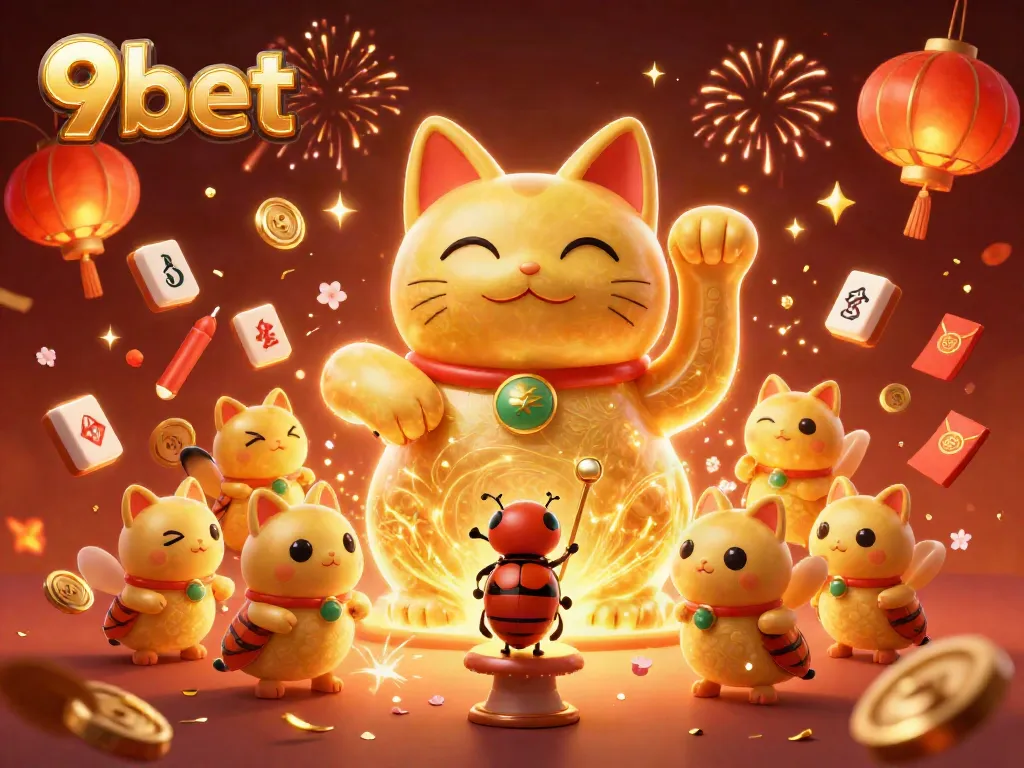 Engage with the vibrant world of 9bet casino featuring lucky cat and celebratory symbols.