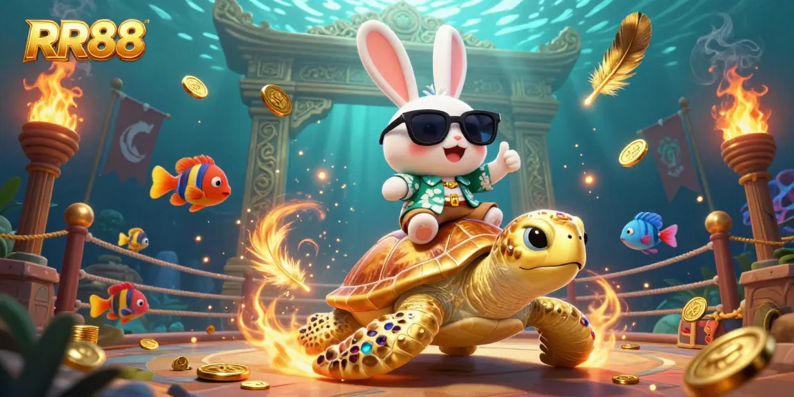 Experience the thrills at RR88, featuring a lucky rabbit on a golden turtle amidst casino excitement.