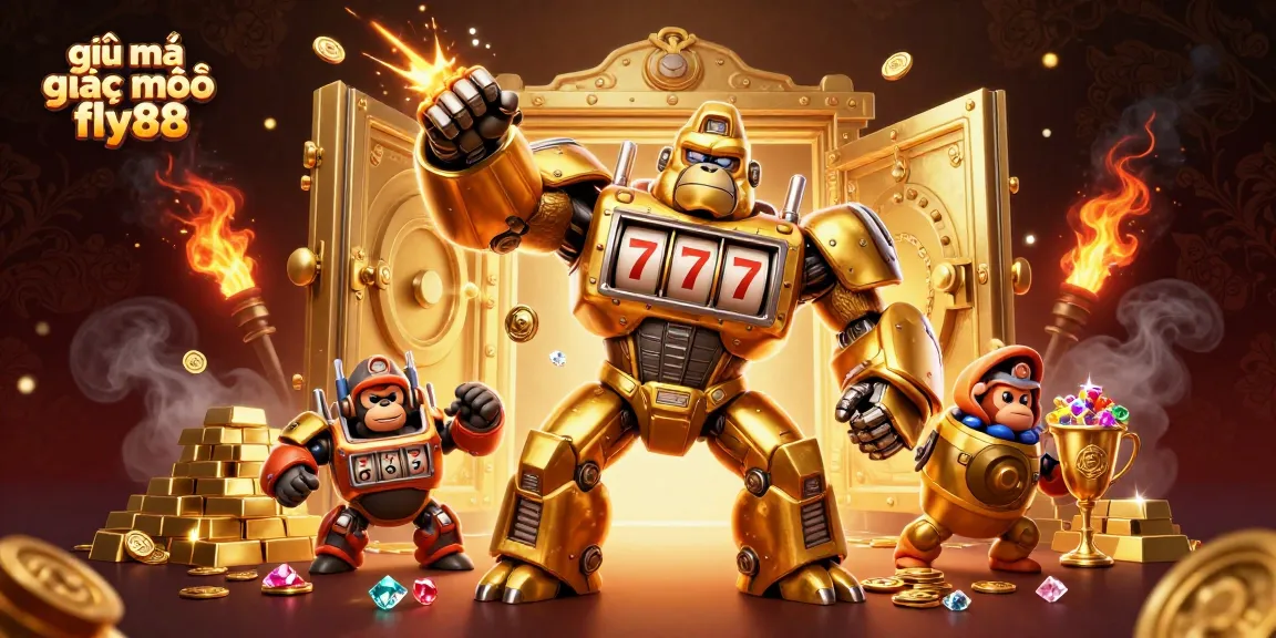 Engage with giải mã giấc mơ fly88 as the golden gorilla mech interacts with a vibrant scene of riches and gambling excitement.