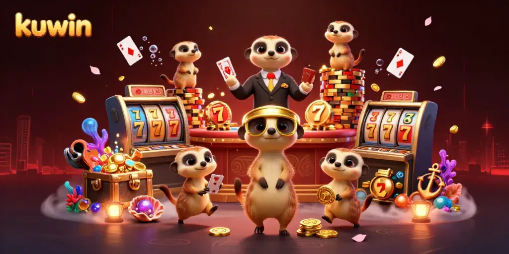 Kuwin meerkats operating a vibrant casino, showcasing intense gaming action and excitement.