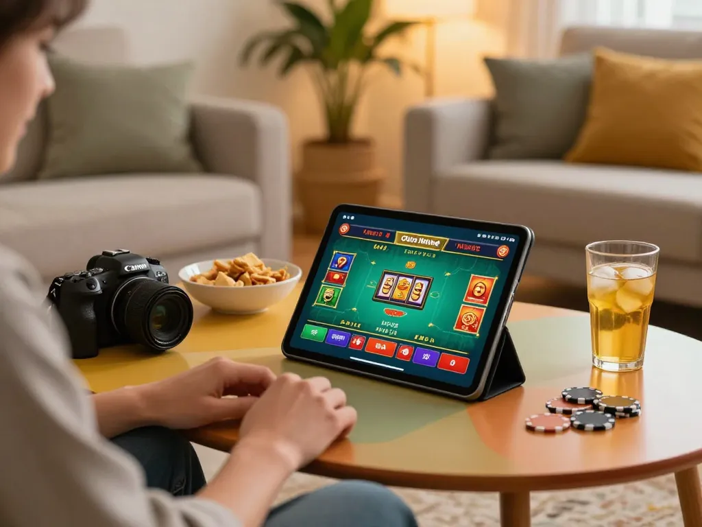 Engaging in online betting with 45678, a cozy home atmosphere showcasing a tablet game interface.