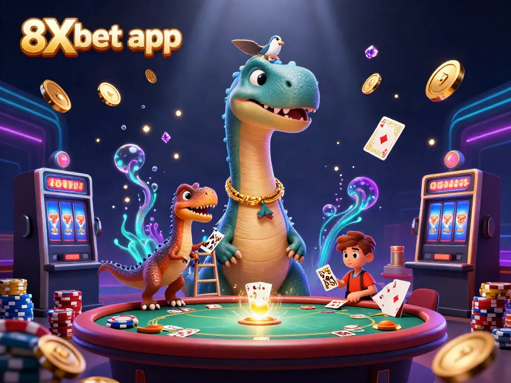 Experience the fun with the 8Xbet app featuring vibrant casino elements in a dynamic 3D scene.