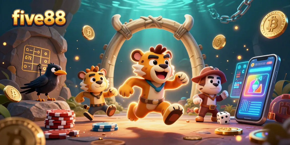 Experience the excitement of five88 with a lively prehistoric casino scene featuring unique characters and vibrant elements.