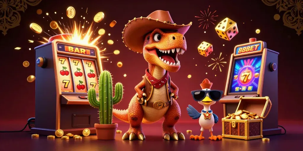 Experience the thrill of 888BET with a vibrant, action-packed casino illustration showcasing exciting games.