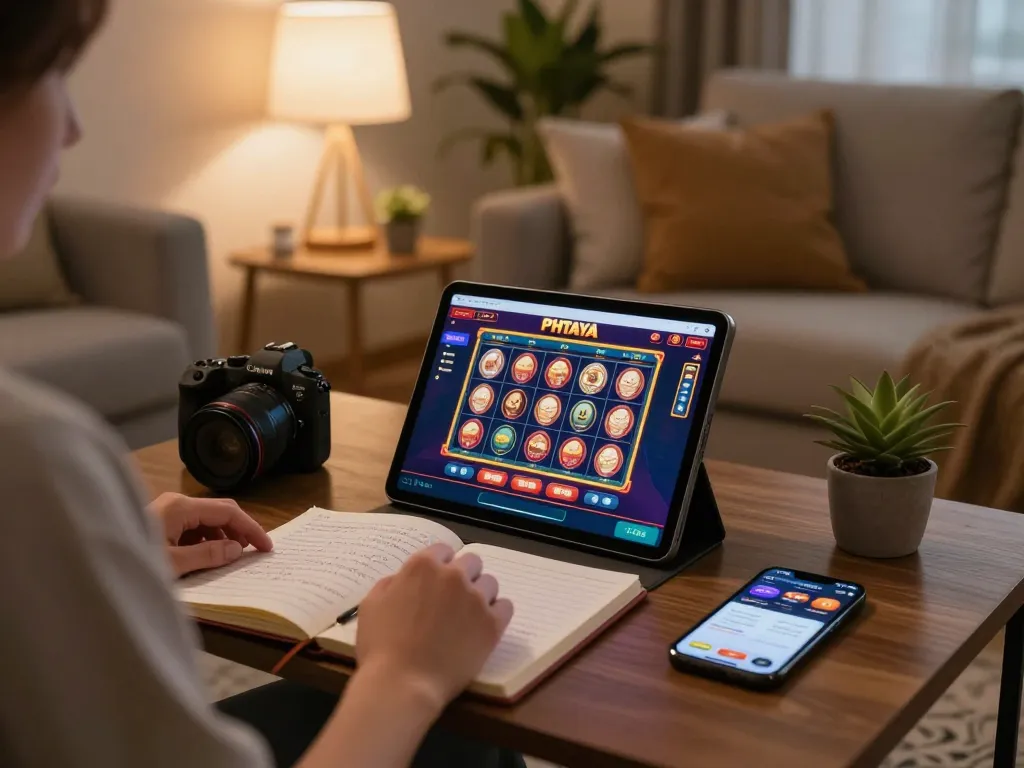 PHTAYA player engaging with online slots on tablet in a cozy living room setting