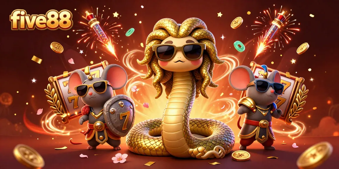 Experience winning at five88 with a vibrant 3D casino illustration filled with exciting slot elements and festive decorations.
