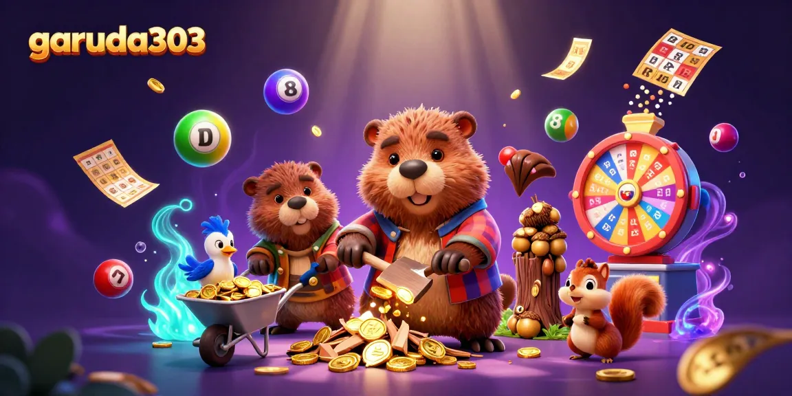 Garuda303 showcases a lively casino scene with vibrant characters and gold coins raining down.