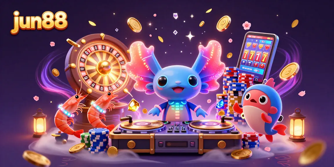 Experience thrilling wins with jun88's dynamic casino scene featuring a neon axolotl DJ.