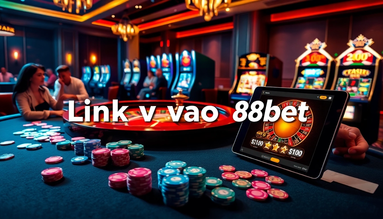 Link vào 188bet shown in an exciting casino scene with gaming tables and slot machines.