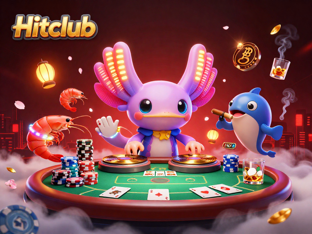Hitclub illuminates with vibrant axolotl DJ and shrimp dancers at a lively poker table.