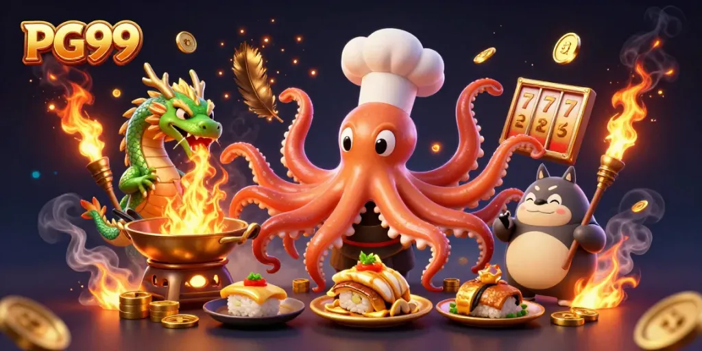 Experience thrilling gameplay at PG99 with a vibrant illustration of a sushi chef octopus and a dragon.